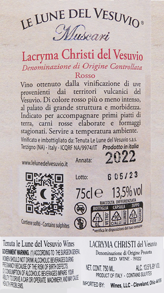 Lacryma Christi Rosso,2023 Le Lune Del Vesuvio, Muscari, Campania, Italy label