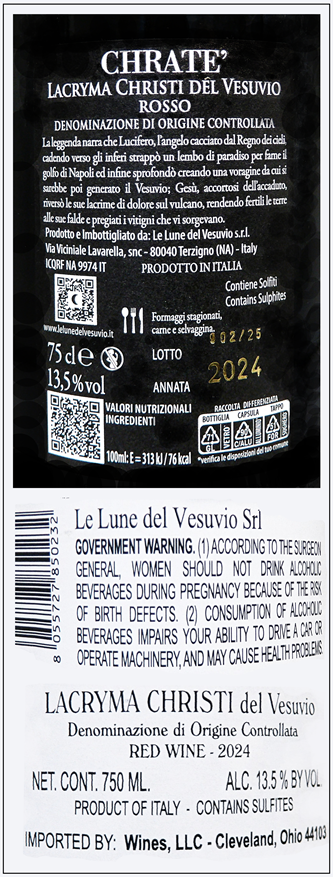 Lacryma Christi Rosso, 2024 Chrate Rosso by Le Lune Del Vesuvio, Campania, Italy label