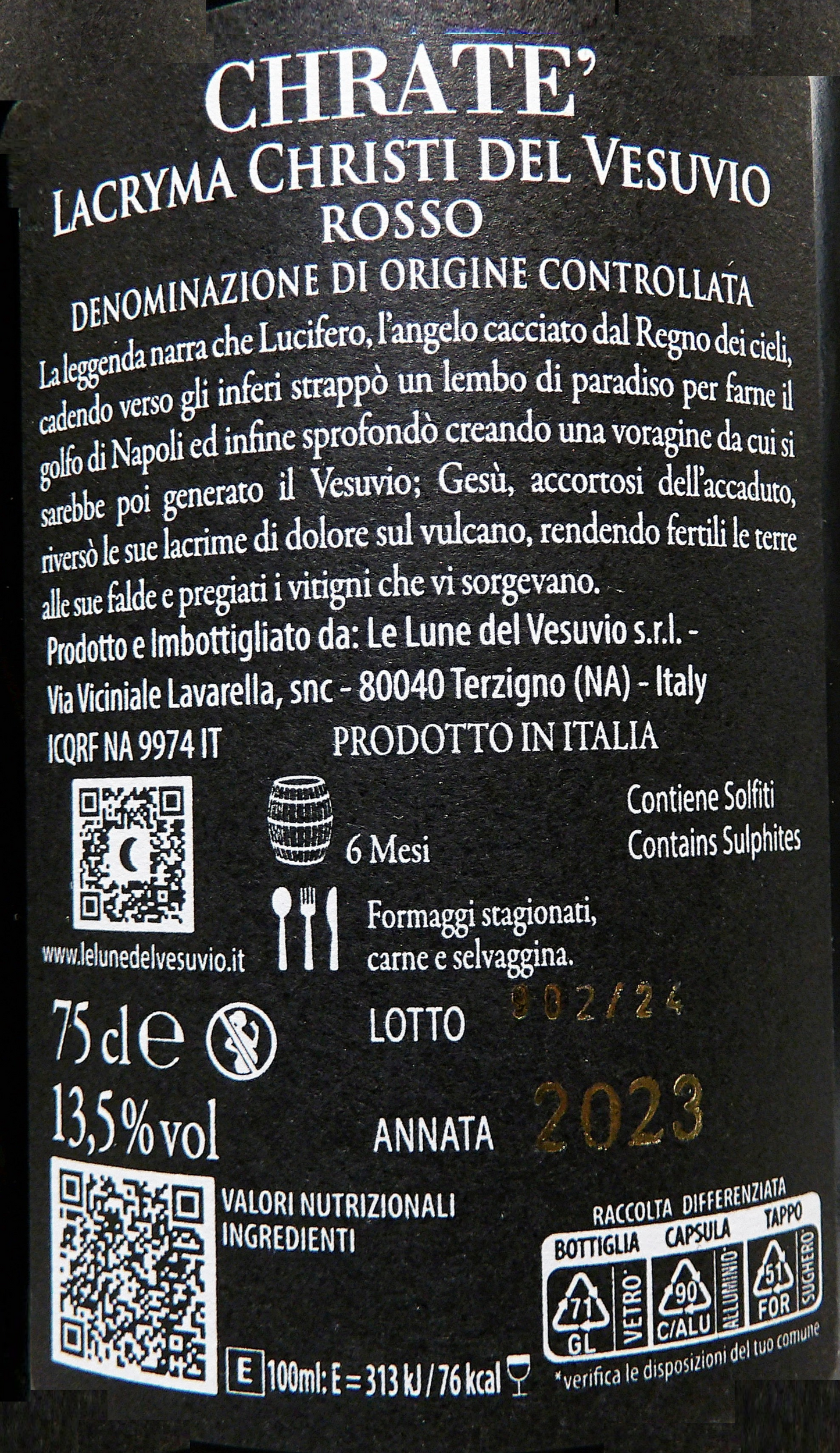 Lacryma Christi Rosso,Chrate Rosso by Le Lune Del Vesuvio, Muscari, Campania, Italy label