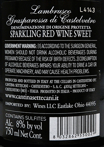 Lambrusco Grasparossa Amabile DOP by Settecanti Cantina label