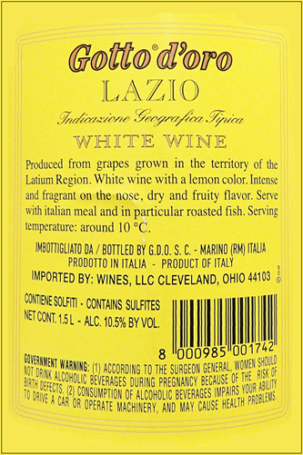 Lazio Bianco, Magnum 1.5 Liter White by Gotto d'Oro, In Rome, Lazio region, label