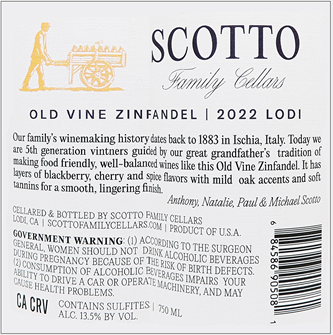 Scotto Family Cellars Old Vine Zinfandel, 2022, Lodi label