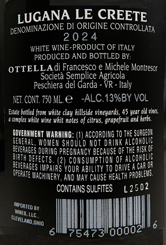 Lugana Bianco Le Creete DOC, 2024 By Ottella Winery label