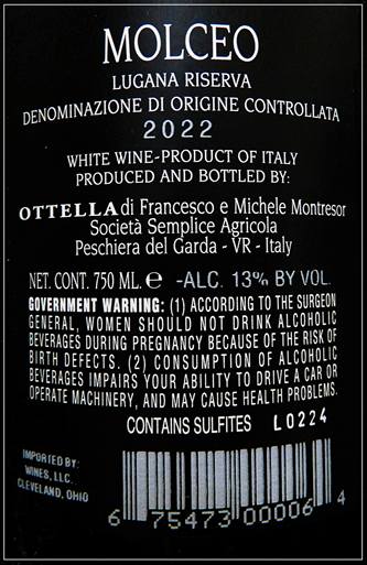 Lugana Bianco Riserva DOC, 2022 Molceo By Ottella Winery