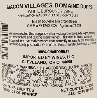 Macon Villages, 2022 by Domaine Dupre, Burgundy, France label