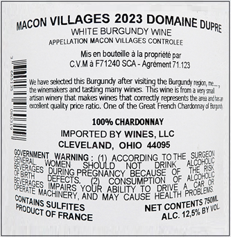 Macon Villages, 2023 by Domaine Dupre, Burgundy, France label