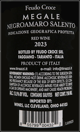 Negroamaro Salento, Megale 2023, by San Giorgio in Puglia