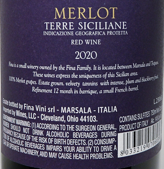 Merlot, 2022 by Fina Winery in Western Sicily