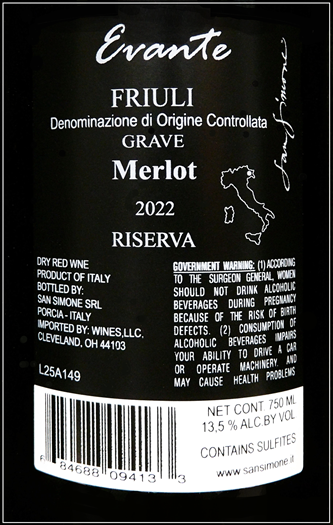 Merlot, Riserva Evante, 2022 By San Simone on Friuli label