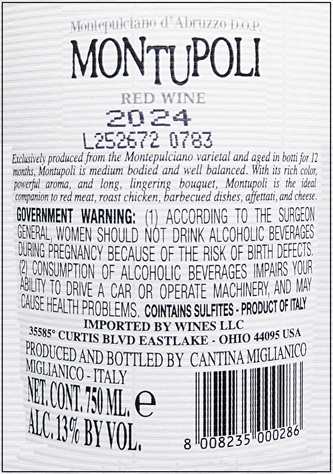 Miglianico Montepulciano d'Abruzzo DOP 2024 label