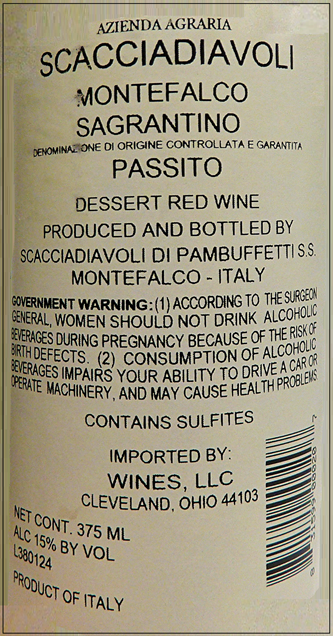 Montefalco Sagrantino Passito 2020 DOCG by Scacciadiavoli label