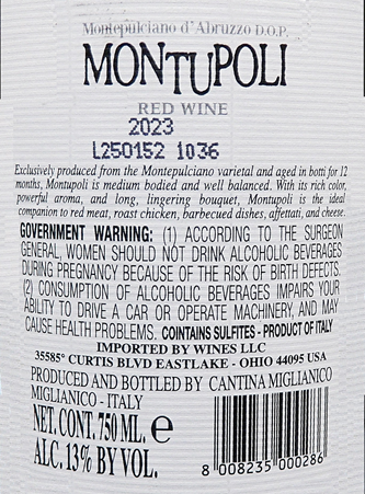 Montepulciano d’ Abruzzo, 2022 Montupoli by Cantina Miglianico label