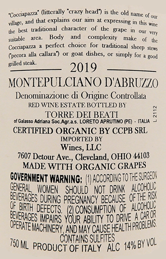 Montepulciano d' Abruzzo, 2019 Cocciapazza by Torre dei Beati label