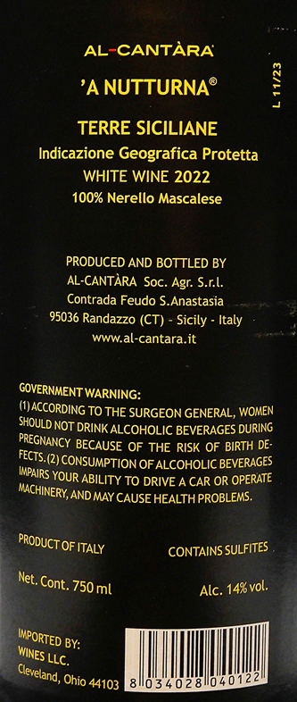 Mt Etna Bianco, 2023 A' Nuttunra. By Al Cantara on Mt Etna, Sicily, Italy label