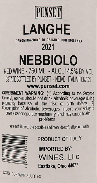 Nebbiolo 2021 DOCG Punset label