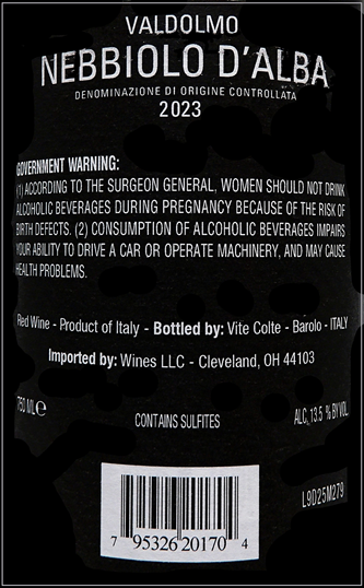 Nebbiolo, 2023 Valdolmo by Vite Colte label