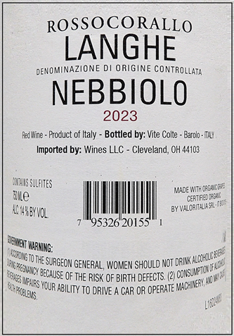 Nebbiolo Langhe Bio 2023 Rosso Corallo by Vite Colte label