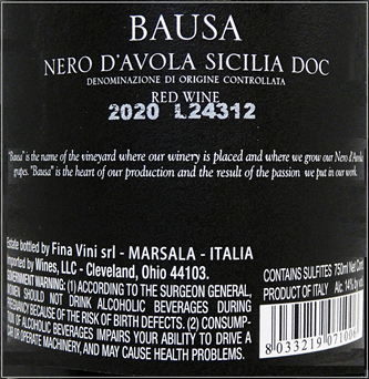 Nero D'Avola, Bausa, 2020 by Fina Winery label