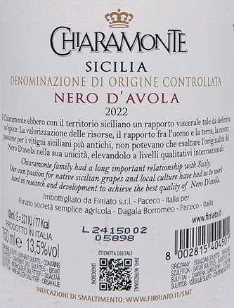 Nero D'Avola Chiaramonte, 2022 by Firriatoin Sicily