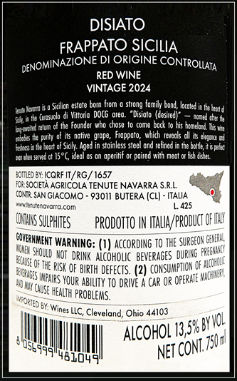 Nero d' Avola, 2019 Battichiè Riserva del Fondatore  by Navarra in Sicily label