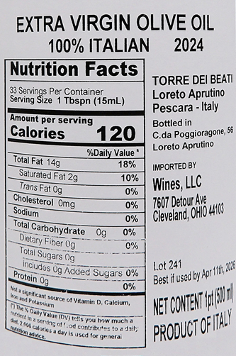 Olive Oil Extra Virgin by Torre dei Beati in Abruzzo 2024, 500 ML label