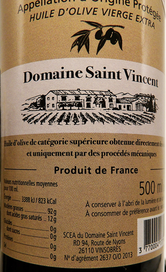 Olive Oil 500 ML , 2023 By Domaine Saint Vincent, Rhone, Francem label