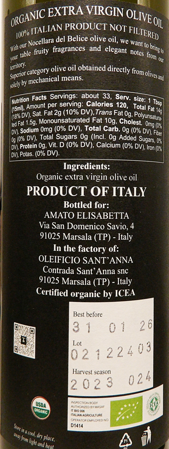 Olive Oil Extra Vergin by Tenuta Lamiotte Organic in Sicily, 500 ML label