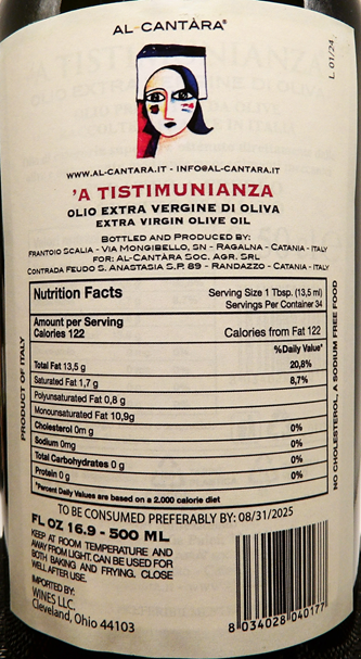 Olive Oil Extra Virgin By Al Cantara on Mt Etna in Sicily, 500 ML, 2022, Sicily, Italy label