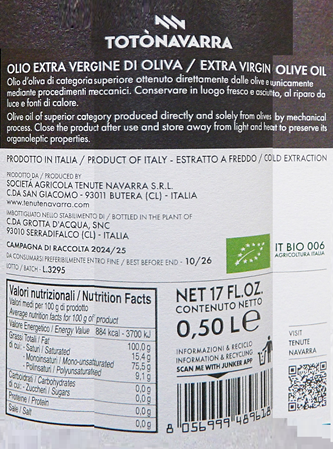 Olive Oil Extra Virgin by Navarra Winery in Sicily label