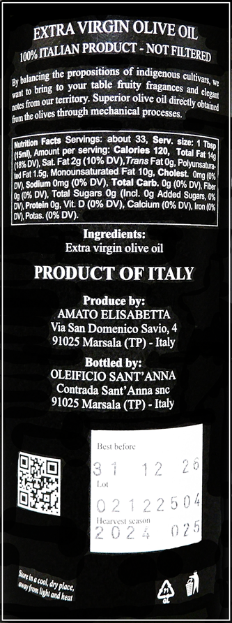 Olive Oil Extra Virgin by Tenuta Lamiotte in Sicily, 2024-2025 Organic 500 ML label