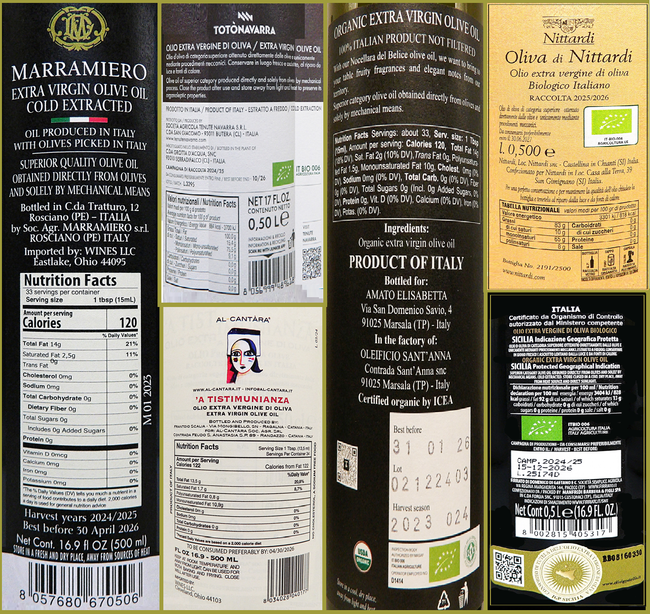 Olive Oil Tour Six Pack, Italy EVOO labels