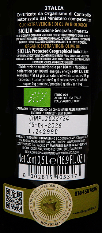 Olive Oil by Firriato 500 ML - in Sicily label