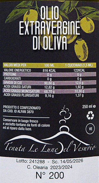 Olive Oil by Le Luna Vesuvio winery, Mt Vesuvus in Campania  Italy, 250 ML, 2024 label