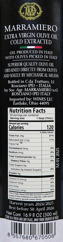 Olive Oil by Marramiero 500 ML - Abruzzo label