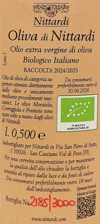Olive Oil by Nittardi 500 ML - In Tuscany 2024 25 label