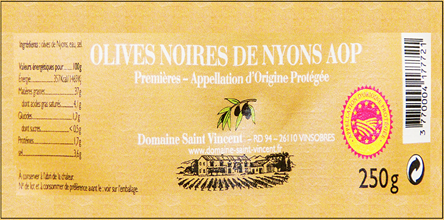 Olives de Nyons AOP, 250 G, Domaine Saint Vincent label