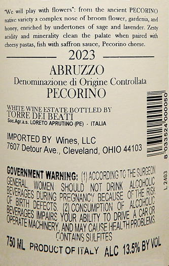Pecorino, Giochermo Con I Fiori, 2023, by Torre dei Beati label