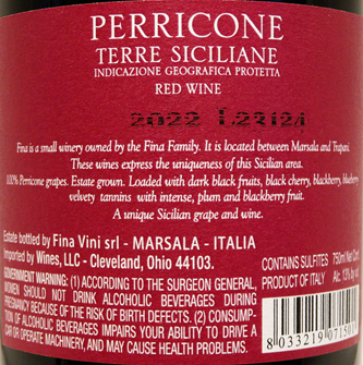 Perricone, 2020 by The Fina Winery in Western Sicily lable