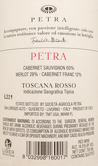 Petra, 2020 Cabernet, Merlot, Cab Franc in Maremma Tuscany label