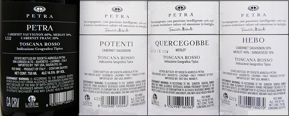 Petra Four Wines in Maremma Tuscany by the Petra Winery labels