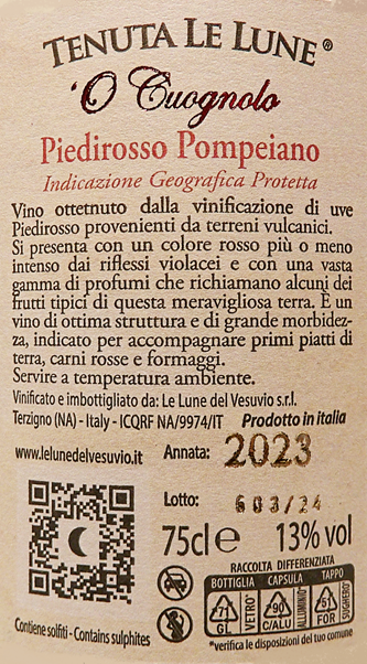 Piedirosso Pompeiano, 2023 Cuognolo by Le Lune Del Vesuvio, Campania, Italy