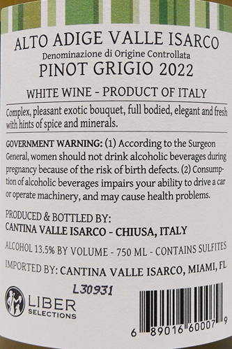 Pinot Grigio, 2022 Cantina Valle Isarco, Alto Adige Italy label