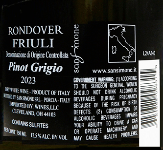Pinot Grigio, 2023 DOC Rondover by San Simone label