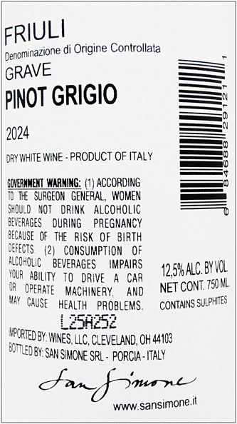Pinot Grigio, 2024, Prestige by San Simone in Friuli label