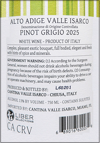Pinot Grigio, 2025 Cantina Valle Isarco, Alto Adige Italy label