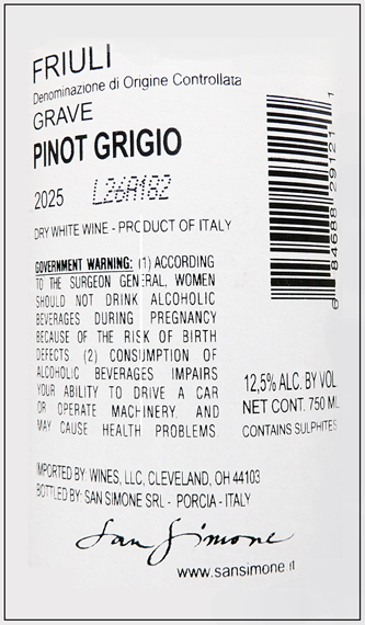 Pinot Grigio, 2025, Prestige by San Simone in Friuli label