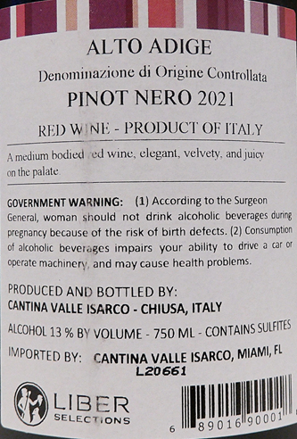 Pinot Nero - Pinot Noir, 2021 Cantina Valle Isarco, Alto Adige Italy label