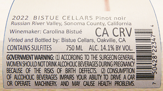 Pinot Noir, 2022, Russian River Valley, Bistue Cellars Winery label