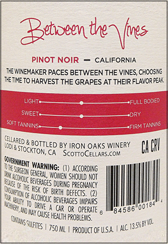 Pinot Noir, Califoria, Between the Vines, Iron Oaks Winery label