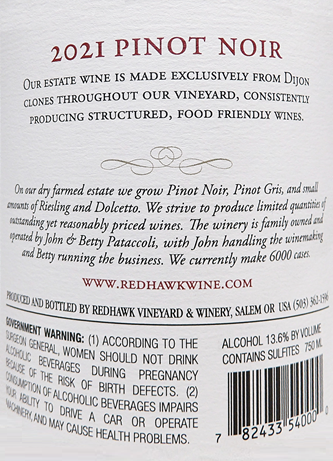 Pinot Noir Estate 2021 Redhawk, Eola-Amity Hills label